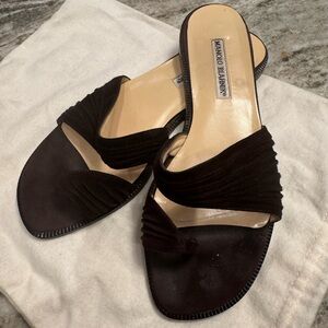 Manolo Blahnik Black Ruched Suede Slide Mules